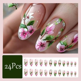 24Pcs Pink Flower Press on Nails Medium Almond Floral Fake Nails Peach Blossom False Nails Full Cover Stick on Nails Spring Summer Floral Green Leaf Acrylic Nails Press ons for Women Nail Decoration