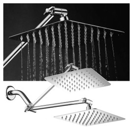 HotelSpa Large 8 inch Stainless Steel Slimline Square Rainfall Showerhead with Solid Brass Adjustable Extension Arm
