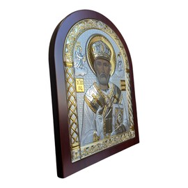 (A-3/003G/K) Saint Nicholas Byzantine Silver Orthodox Icon/Greek Handmade (red, 5 1/2x4)