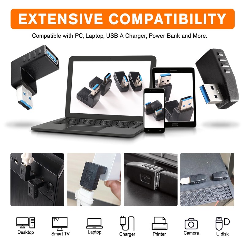 KUOQIY 4 pieces USB 3.0 angle adapter, 90° angle adapter,