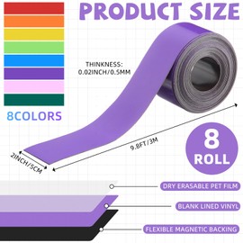 Humyoun 8 Pcs Dry Erase Magnetic Strips for Classroom, 2 in x 9.8 ft Colorful Magnetic Tape Roll Blank Magnets Sticky Labels Writable Flexible Magnet Sheet for Whiteboard Refrigerator Locker Shelf