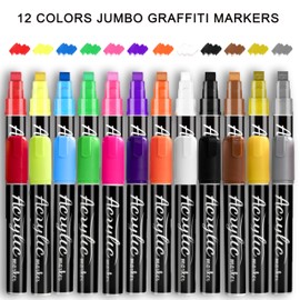 AOKELEON 12 Colors Jumbo Paint Markers, 10mm Jumbo Felt Tip, Acrylic Paint Pens for Rock Painting, Canvas，Poster，Stone，Ceramic, Glass, Wood, Plastic