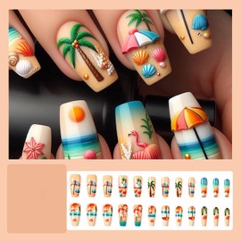 Summer Press On Nails Medium Coffin Fake Nails Brown Blue False Nails With Coconut Tree Sea Shell Designs Acrylic Nails Press Ons Full Cover Glue On Nails Summer Stick On Nails For Women