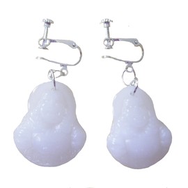 Earrings, Big Bold Faux White Jade Screwback Gemstone Buddha Charm Dangle Earrings+ Gift Bag