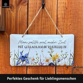 LANOLU Retro Tin Signs Time with Happiness Vintage Metal Signs with Sayings as Wall Decoration for Kitchen and Garden Shabby Chic Decoration with Jute Cord 16 x 32 cm