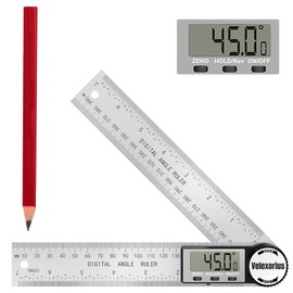 Velexorius 400mm Stainless Steel Digital Angle Finder Tool with Carpenter Pencil, 360 Protractor Steel Ruler for Internal & External Angle Measurement, LCD Digital Angle Gauge