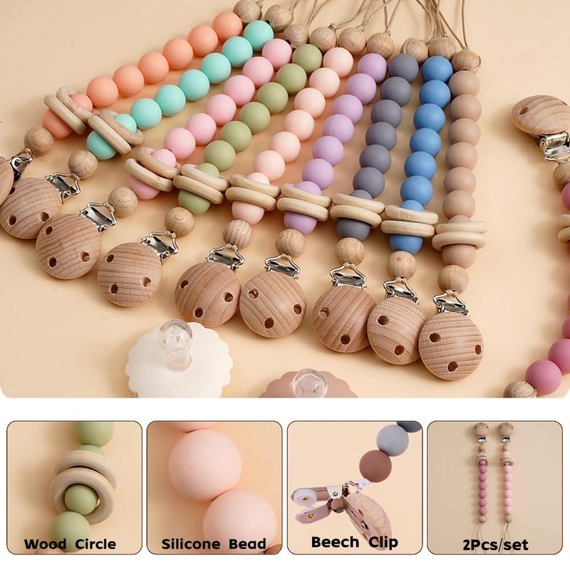2Pcs Wood Silicone Pacifier Clip Baby Pacifier Holder Binky Clips