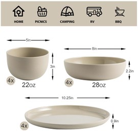MissYIP Melamine Dinnerware Sets 12pcs, Service for 4, Unbreakable Reusable Kitchen Dinnerware Set, Outdoor Camping Dishes, BAP free, Dishwasher Safe,Not oven-safe or microwavable(CharlestonGray)