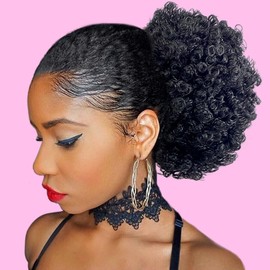 VAVANGA Short Afro Kinky Curl Ponytail Natural Black Afro Puff Bun Ponytail Claw Clip Messy Bun Curly Hairpiece for Black Women - 1B#