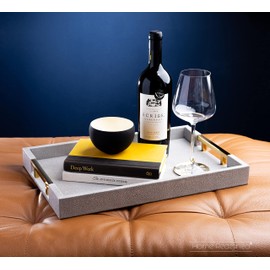 Home Redefined Modern Elegant 17.5"x12" Rectangle Glossy Grey Shagreen Faux Leather Decorative Tray Ottoman Coffee Table Perfume Kitchen Display Perfume Serving Tray with Gold Polished Metal Handles.