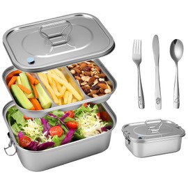 SUTETLW 304 Stainless Steel Bento Box Leakproof 3-Compartment Tray, 1800ml Stainless Steel Lunch Box with Airtight Valve Handle, Including Utensil Set (Fork/Knife/Chopsticks) for Travel, Work.