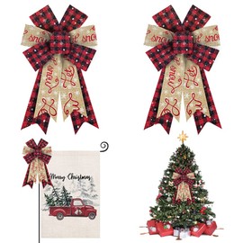 Hying 2PCS Christmas Bows for Wreath, Burlap Red Wreath Bows for Xmas Décor Red Black Buffalo Plaid Winter Bow for Front Door Indoor Outdoor Wall Tree Topper Decoration Supplies Christmas Ornament