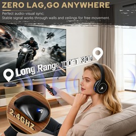 Ansee Wireless TV Headphones for Seniors & Hearing Impaired, Folding Over Ear Headphones with 2.4GHz RF Transmitter Support Optical RCA AUX, No Audio Delay, 100ft Wireless Range (Black)