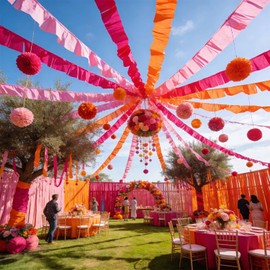 Hot Pink Orange and Pink Crepe Paper Streamers 6pcs, Durable and Non Fading Craft Paper, Used for Birthday Party, Festive Decorations With a Total Length of 492 Feet(1.8 inches x 82 feet/roll)