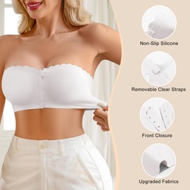 DEANGELMON Strapless Bra for Women Front Closure Non-Slip Padded Bandeau Bras Comfortable Wavy Edge Tube Top Bralette(1P3,XL) White