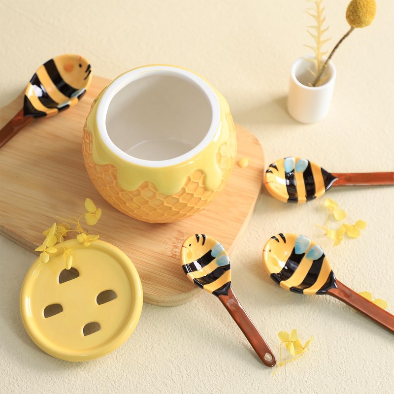 Sizikato 4pcs Porcelain Measuring Spoons with Base, Cute Ceramic Bee