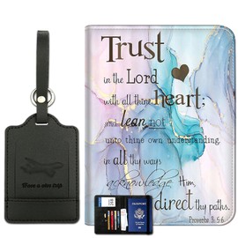 Passport Holder With Luggage Tag Set, Passport Cover With RFID Blocking,Multi-slot Passport Wallet,Waterproof Leather Travel Document Holder for Women Men, Verse Scripture Purple Marble Passport Case