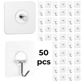 50-Piece Self-Adhesive Transparent Wall Hooks – Heavy Duty, Reusable, No Drill Hooks for Home & Office – Waterproof, 25 Classic & 25 Modern Designs