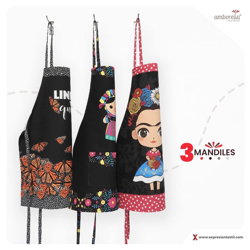 AMBORELLA, Mandil de Cocina Negro, Unisex, Set de 3 piezas