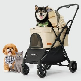 【One-Pull Open Ver.】 PETTENA Dog Stroller for 2 Dogs, One-Touch Foldable Dog Stroller for Small/Medium Dogs Cats up to 44 Lbs, Khaki