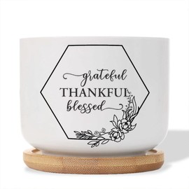 DecStic Grateful Thankful Blessed Planter Ceramic Bible Verse Round Flower Pot with Drainage Holes and Bamboo Tray Pot for Pots Outdoor Indoor Plants