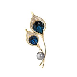 14K Gold High-End Natural Pearl Horseshoe Water Lily (Lotus) Floral Brooch, Outerwear Accessory, Dazzling Crystal Flower Pin, Women's Brooches & Pins (Blue,grey pearl)