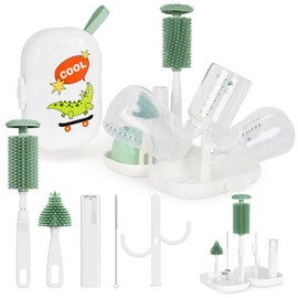 Portable 6 in 1 Travel Kit, Baby Travel Essentials, Bottle Brush Set, Silicone Brushes, Nipple & Straw Cleaner, Soap Dispenser, Storage Box & Drying Rack