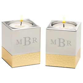 Personalization Universe Monogram Engraved Silver & Gold Hammered Metal Candle Holders – Set of 2 – Custom Monogram – Zinc Alloy – Votive or Tea Light Compatible