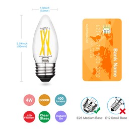 AIELIT E26 LED Candelabra Bulb 40 Watt Equivalent Dimmable, Bright White 5000K, 4W Clear Filament B11 LED Light Bulb for Chandelier, Ceiling Fan, Pendant Lights, 4-Pack