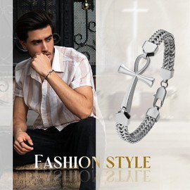 Flongo Mens Ankh Cross Bracelet: Franco Chain Stainless Steel Jewellery Gifts for Valentine's Day Anniversary Christmas