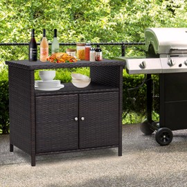 JSUN7 Outdoor Wicker Storage Cabinet - Patio Bar Table with Storage and Doors, Rattan Console Table Buffet Cabinet, Outdoor Storage Unit for Patio, Pool, Garden, Indoor, Kitchen, Dark Brown