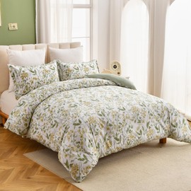 DJY Green Duvet Cover Double Floral Bedding Set, Reversible Lightweight Leaves Bedding Sets 3PCS with Zipper Closure (Double, 200x200cm)