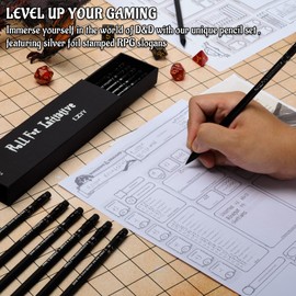 DND Pencils Set of 12 - Silver Foil Stamped with RPG Slogans & D6 Dice Numbers - Hexagon 2HB Tabletop Gaming Pencil with Eraser - Must-Have Tools, Accessories and Gifts for DM and Player (Style A)