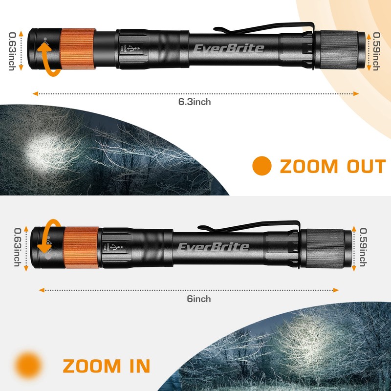 EverBrite Rechargeable Pen Light, 300 Lumens EDC Flashlight, Zoomable LED