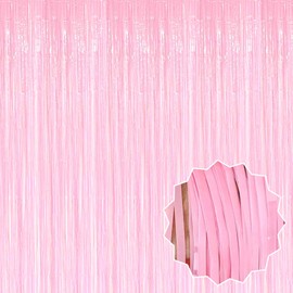 3 Pack 3.28x6.6 Ft Macaron Pink Foil Fringe Curtains Backdrop, Metallic Tinsel Streamers Curtains Backdrop for Photo Booth, Birthday, Graduation, Mother's Day, Disco, Celebration Party Decoration