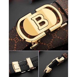 Ridoras Mens Designer Ratchet Belts for Casual Jeans with Letters B,Leather Belts with Automatic Slide Buckle(Gold,42"-45" Waist Adjustable)