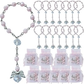 WE 24 Pcs Pink Mini Rosary baptism First Communion Favors with Angels for Girl Recuerdos de Bautizo Finger Rosaries Silver Plated