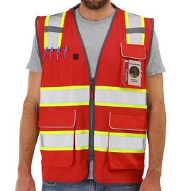 Neopelta Reflective Safety Vest Red Mesh, High Visibility Vest with Pockets and Zipper, Padded Neck, Red with Yellow Trim S