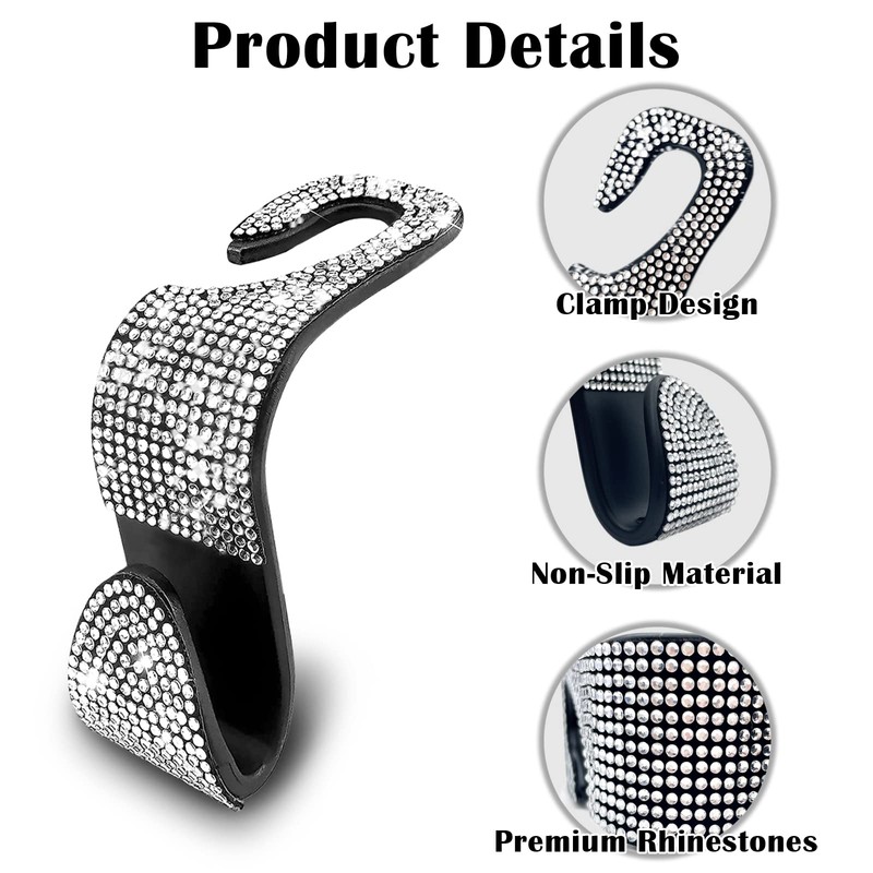 OSIFIT 2PCS Car Seat Hooks, Bling Rhinestone Headrest Hooks, Universal