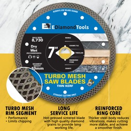 7" Turbo Mesh Saw Blades for Porcelain Tile, Ceramic Tile, Marble, Granite and Other Engineered Stones, Wet or Dry, DM 7/8" Arbor
