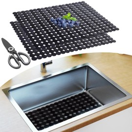 Kawlity 2-Pack Non-Slip Sink Pads with Scissors (11.8x15.7 Inch) - Easy Clean Dot Pattern Mat for Kitchen, Bathtub, Countertop - Adjustable & Machine Washable (Dark Black)