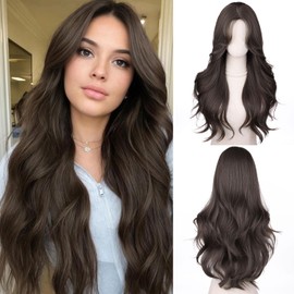Brown Long Wavy Wig 28 Inch Middle Part Wavy Synthetic Wigs for Women Natural Looking Heat Resistant Fiber Wig for Daily Party Use