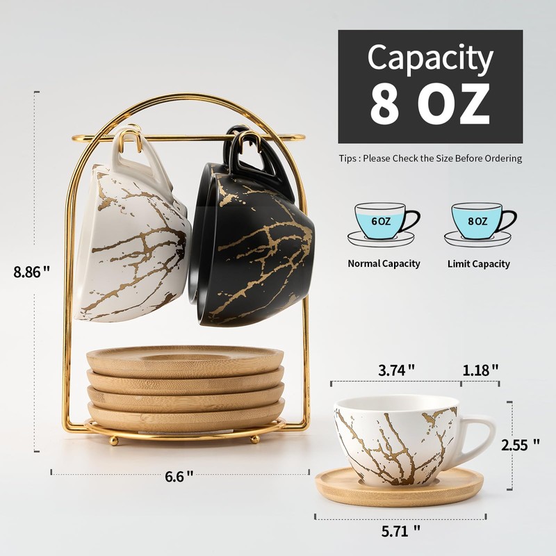 LUKA Ceramic Demitasse Espresso Cups Set with Saucers and Metal