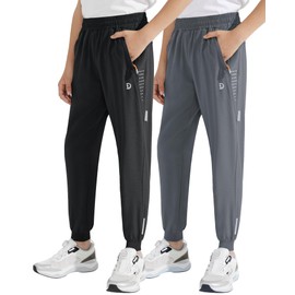 Dizoboee Boys Lightweight Jogger Pants Youth Kids Quick Dry Hiking Active Athletic Pants with Zipper Pockets, 2 Pack, Black/Dark Grey, L