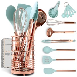 Copper and Teal Blue Kitchen Utensils - 17-Piece Set Includes Copper Utensil Holder, Measuring Cups and Spoons, and Silicone Cooking Tools - Stylish Teal Kitchen Decor and Unique Gifts for Home Cooks