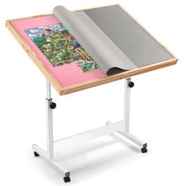 Vasitelan Adjustable Wooden Jigsaw Puzzle Table with Wheels, Puzzle Tables Fits 1500 Piece Puzzles,Wooden Puzzle Board for Adults (Pink, Without Drawer)