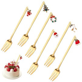 Yesaler Christmas Forks Stainless Steel Dessert Forks with Christmas Pendant Christmas Forks Set with Gift Box Packaging 6 Pieces (Gold)