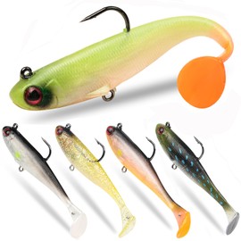 Gibtikoy 5 Pcs Pre-Rigged Soft Fishing Lures, 3.5In Paddle Tail Jig Heads Swim Bait, Realistic Movement Easy Catch Fishing jigs Lure, Fishing Baits for Freshwater Saltwater Bass Trout Baits