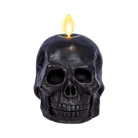 Luminara Flameless Single LED Moving Flame Small Skeleton Skull Figural (3.75" x 4.25") Real Wax LED Candle, Unscented, Timer - Black
