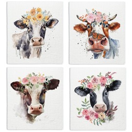 LARTSFRO Cow Flower Swedish Dishcloths for Kitchen, Papaya Reusable Paper Towels, 4 Pack Watercolor Dish Towels for Kitchen, Swedish Dish Cloths, Reusable Paper Towels Washable